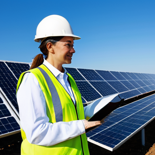 Home 6 **
A professional female engineer wearing modest work attire (fully clothed) inside a modern solar panel farm, inspecting a panel. Background includes a clear blue sky and rows of solar panels stretching into the distance. Appropriate content, safe for work, perfect anatomy, correct proportions, natural pose, well-formed hands, proper finger count, professional photography, high quality, family-friendly.
**