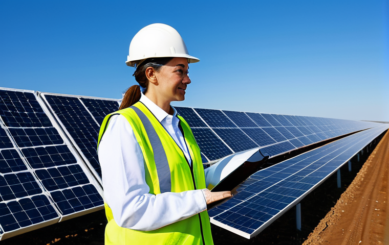 **

A professional female engineer wearing modest work attire (fully clothed) inside a modern solar panel farm, inspecting a panel. Background includes a clear blue sky and rows of solar panels stretching into the distance.  Appropriate content, safe for work, perfect anatomy, correct proportions, natural pose, well-formed hands, proper finger count, professional photography, high quality, family-friendly.

**