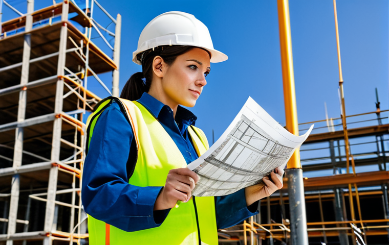 **

"A professional female engineer in a fully clothed, modest, high-visibility vest and hard hat, inspecting blueprints at a construction site. Background includes scaffolding and construction equipment. Appropriate attire, safe for work, perfect anatomy, correct proportions, natural pose, professional photography, high quality."

**